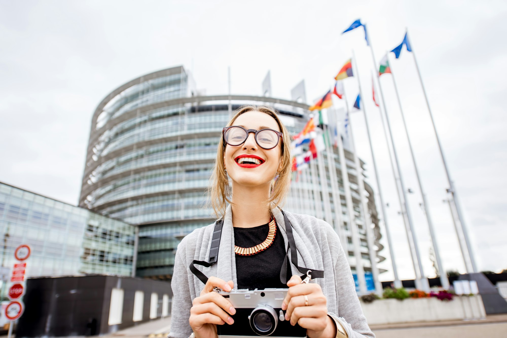 Woman near the European parliament building in Strasbourg